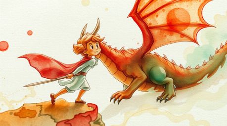 An extreme close-up macro photograph showcases a charming prince battling a dragon, rendered in a delicate watercolor paintin