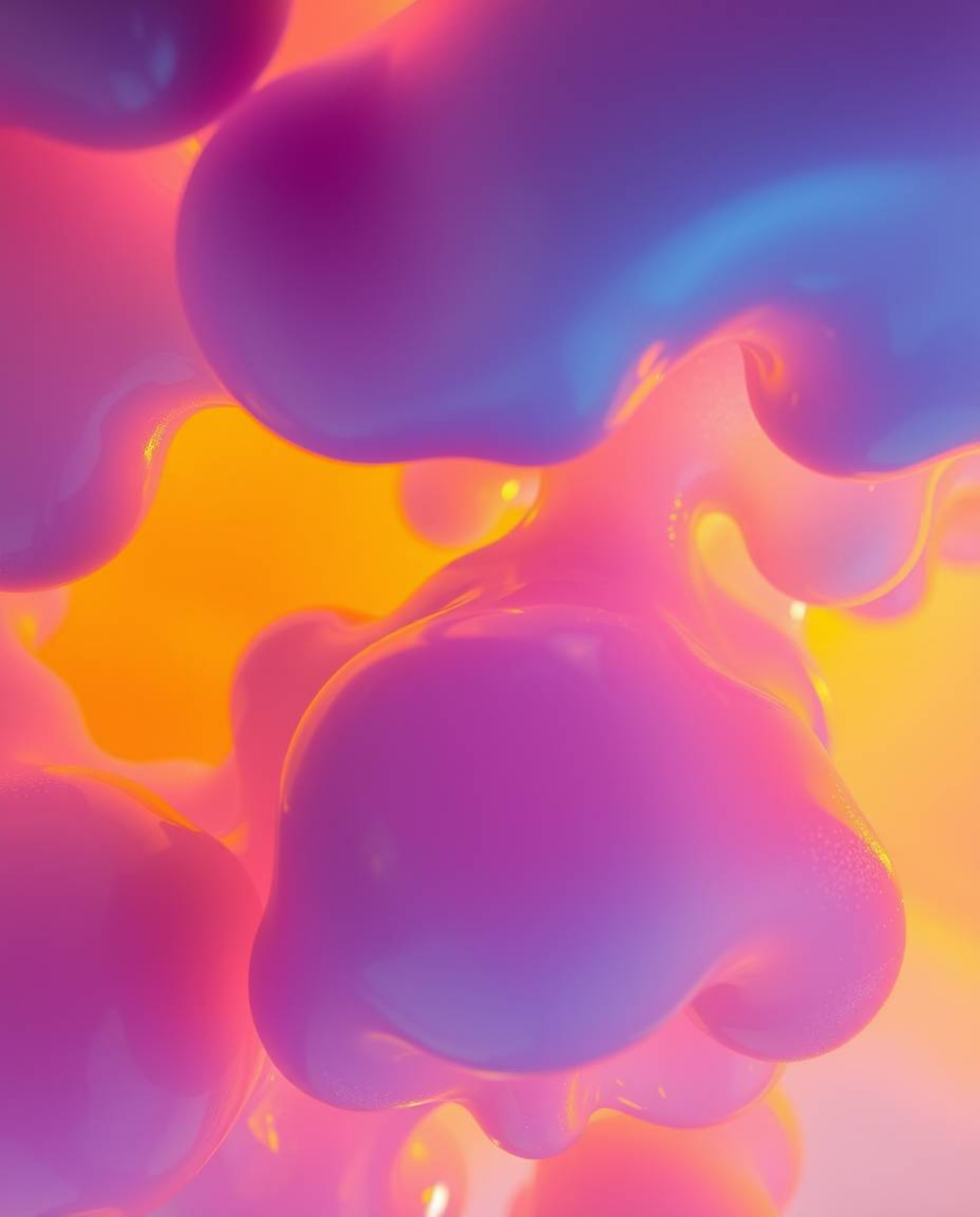This captivating image features floating 3D blobs of fluid jelly rendered in vibrant colors and synthetic textures, viewed fr