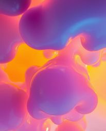 This captivating image features floating 3D blobs of fluid jelly rendered in vibrant colors and synthetic textures, viewed fr