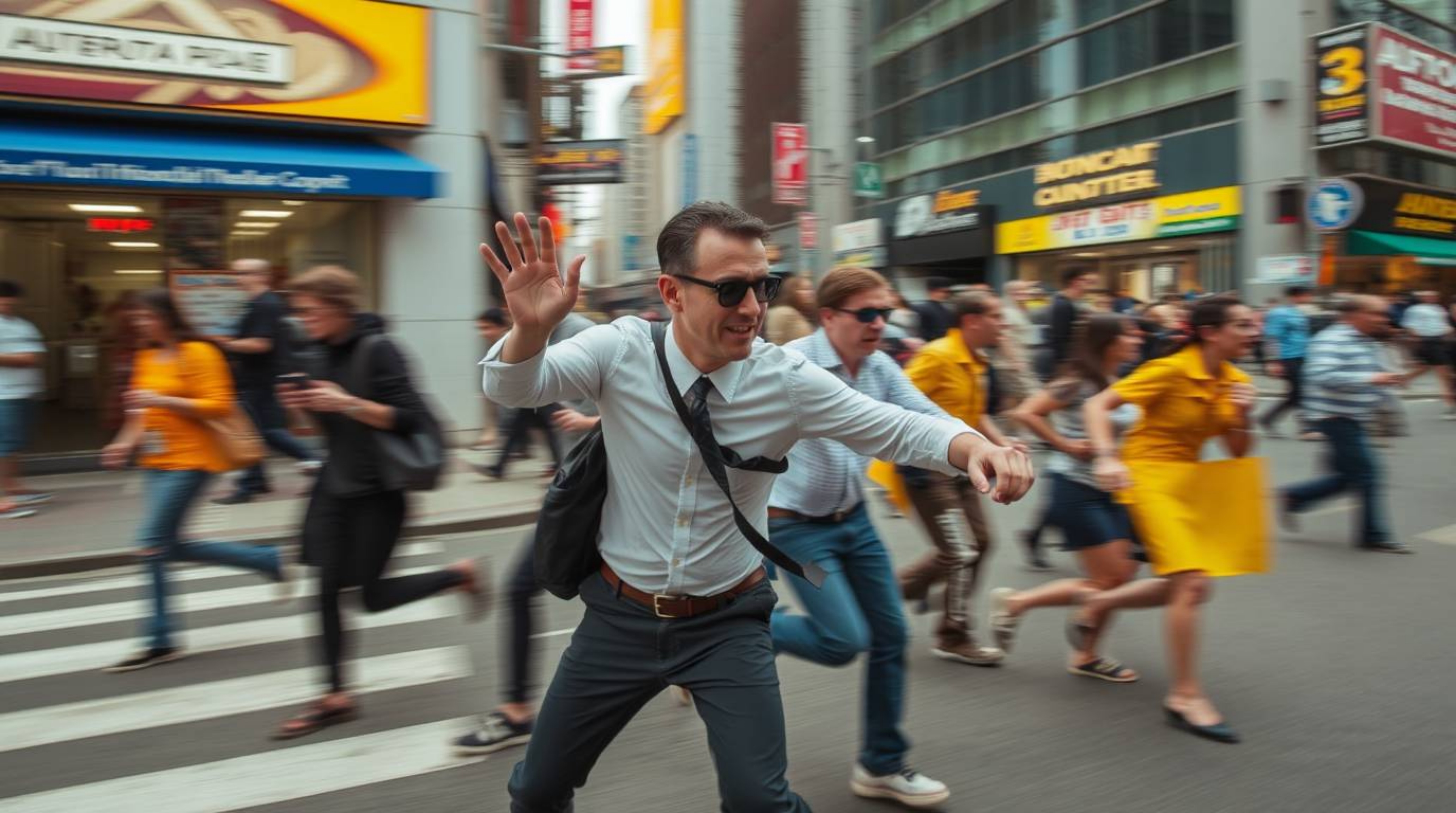 Experience the energy of a candid street photography style capturing a dynamic chase scene.  The image features exaggerated s