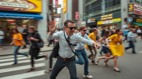 Experience the energy of a candid street photography style capturing a dynamic chase scene.  The image features exaggerated s