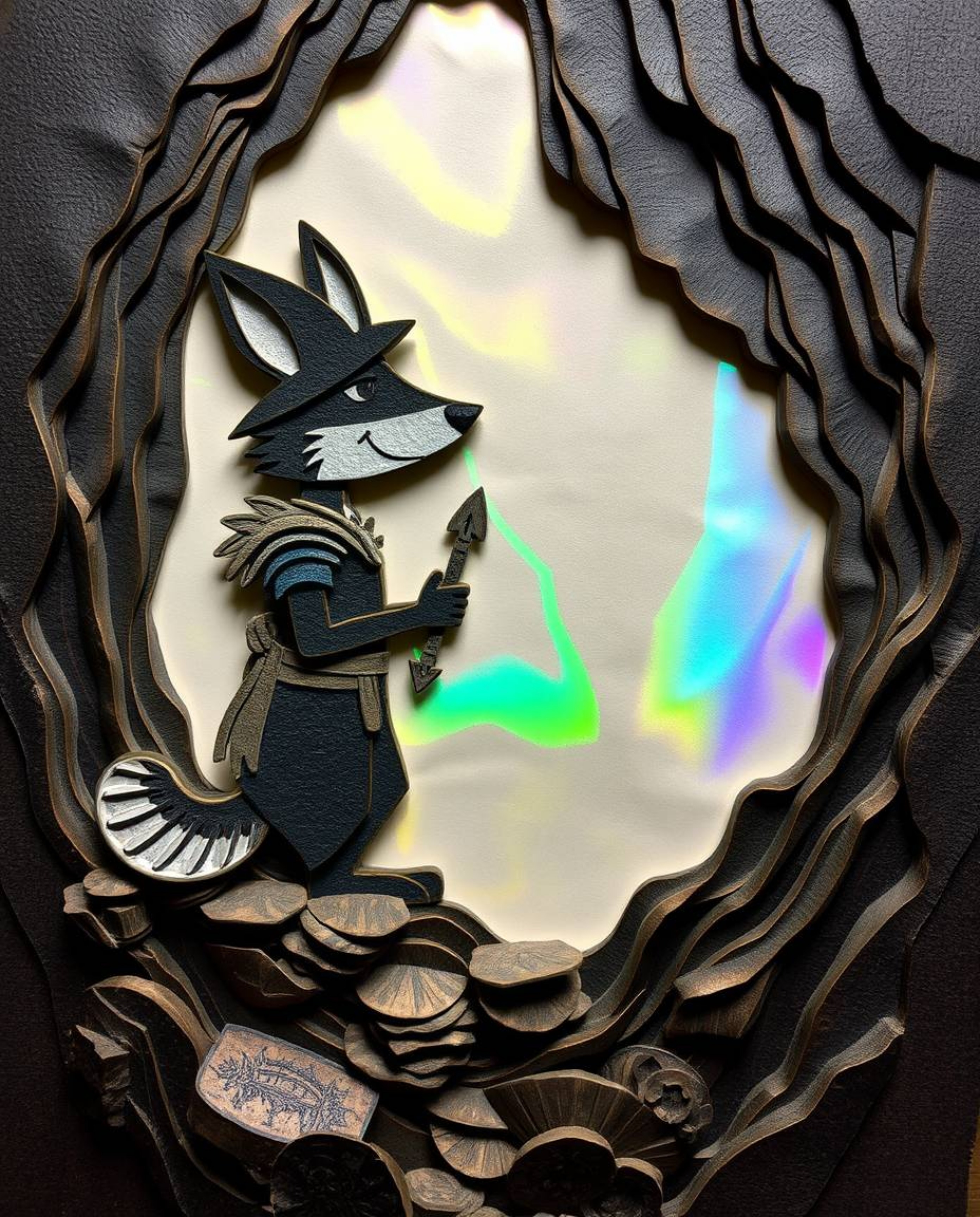 Discover a captivating layered papier-mâché artwork depicting a talking animal sidekick assisting a hero on their epic quest.