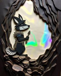 Discover a captivating layered papier-mâché artwork depicting a talking animal sidekick assisting a hero on their epic quest.