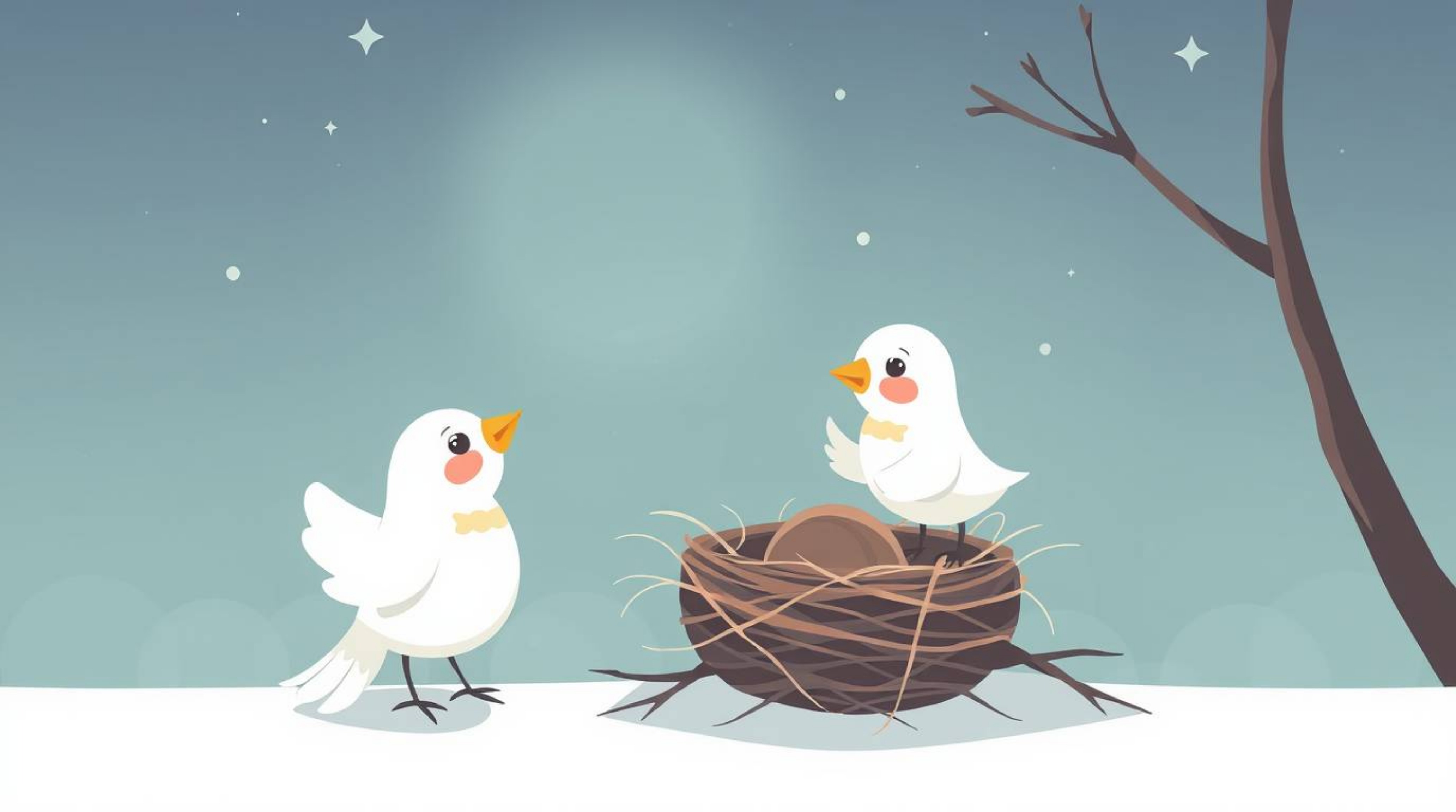 This artwork showcases a modern flat design illustration of two cartoon birds diligently building a nest in a style reminisce
