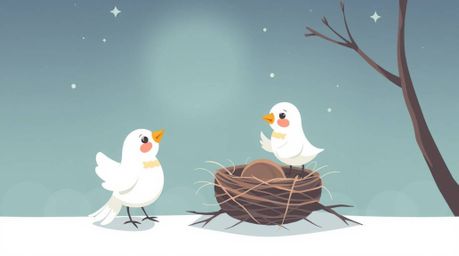 This artwork showcases a modern flat design illustration of two cartoon birds diligently building a nest in a style reminisce