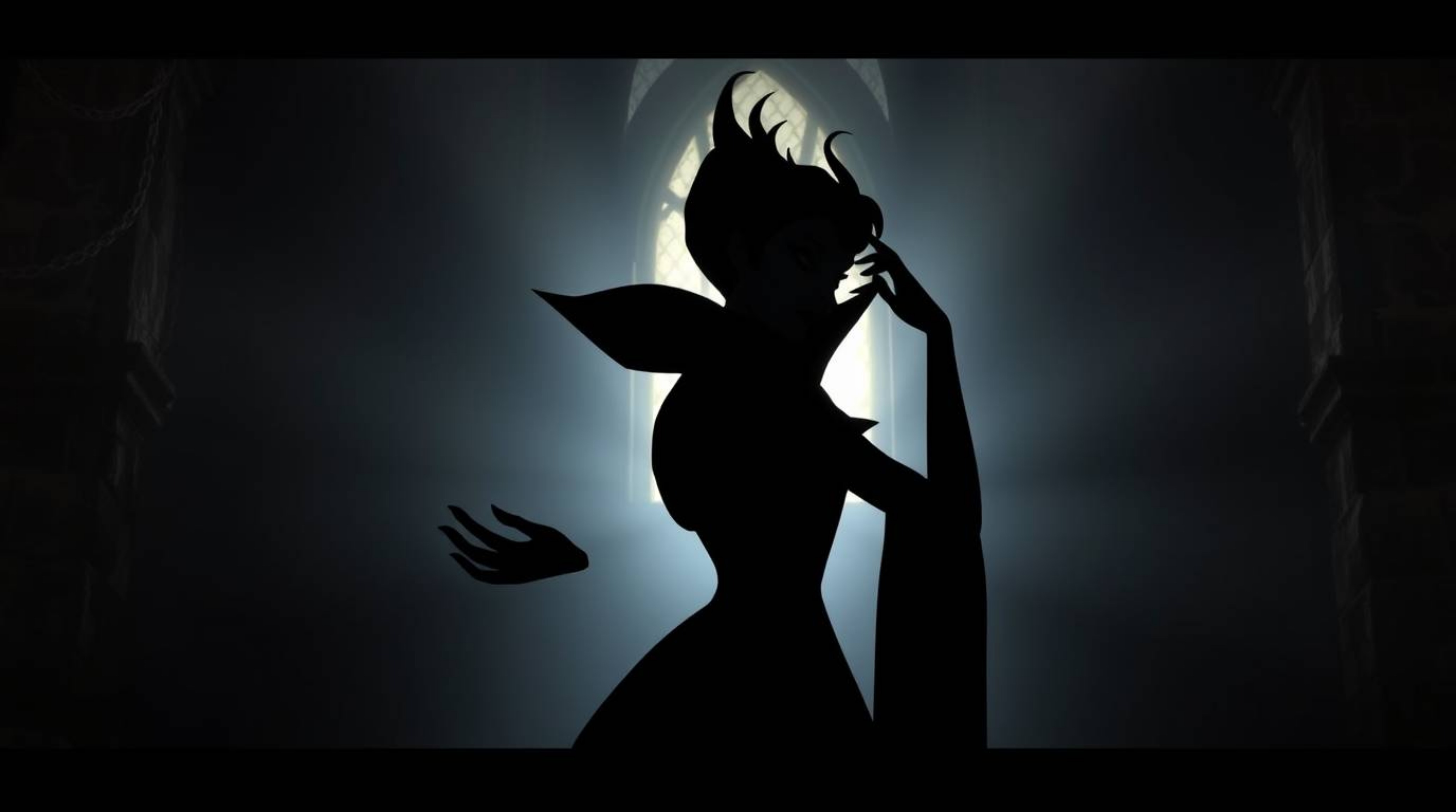 This artwork depicts a graceful and elegant classic Disney villain, silhouetted by backlighting as they cast a spell within t