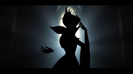 This artwork depicts a graceful and elegant classic Disney villain, silhouetted by backlighting as they cast a spell within t