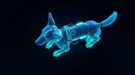 An overhead, bird's-eye view depicts a futuristic dog confidently walking itself in the vast expanse of space. The scene util