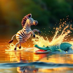 A dynamic 3D cartoon scene depicts a zebra leaping from a riverbank to escape a splashing crocodile. Rendered with a warm gol