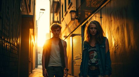 Capture the rebellious spirit of youth in a captivating image. This photograph showcases a grungy city alley bathed in the so