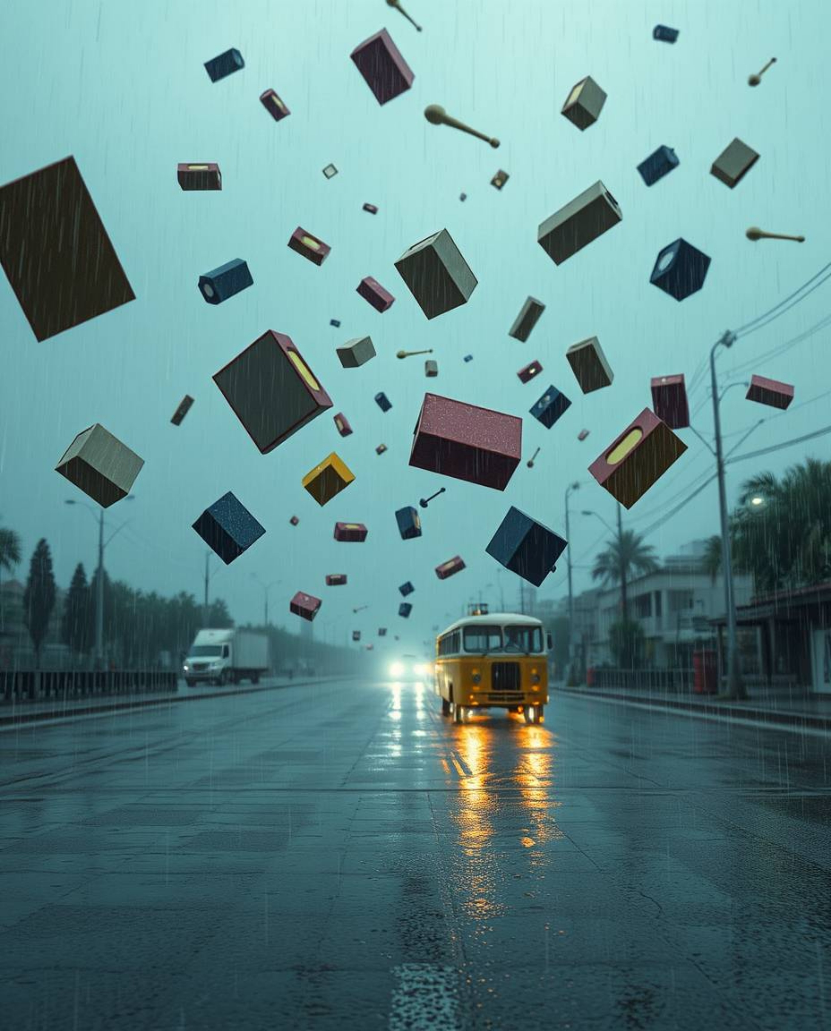 Experience a surreal and captivating storm scene featuring flying objects and the fascinating concept of broken gravity. This