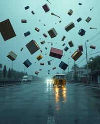 Experience a surreal and captivating storm scene featuring flying objects and the fascinating concept of broken gravity. This