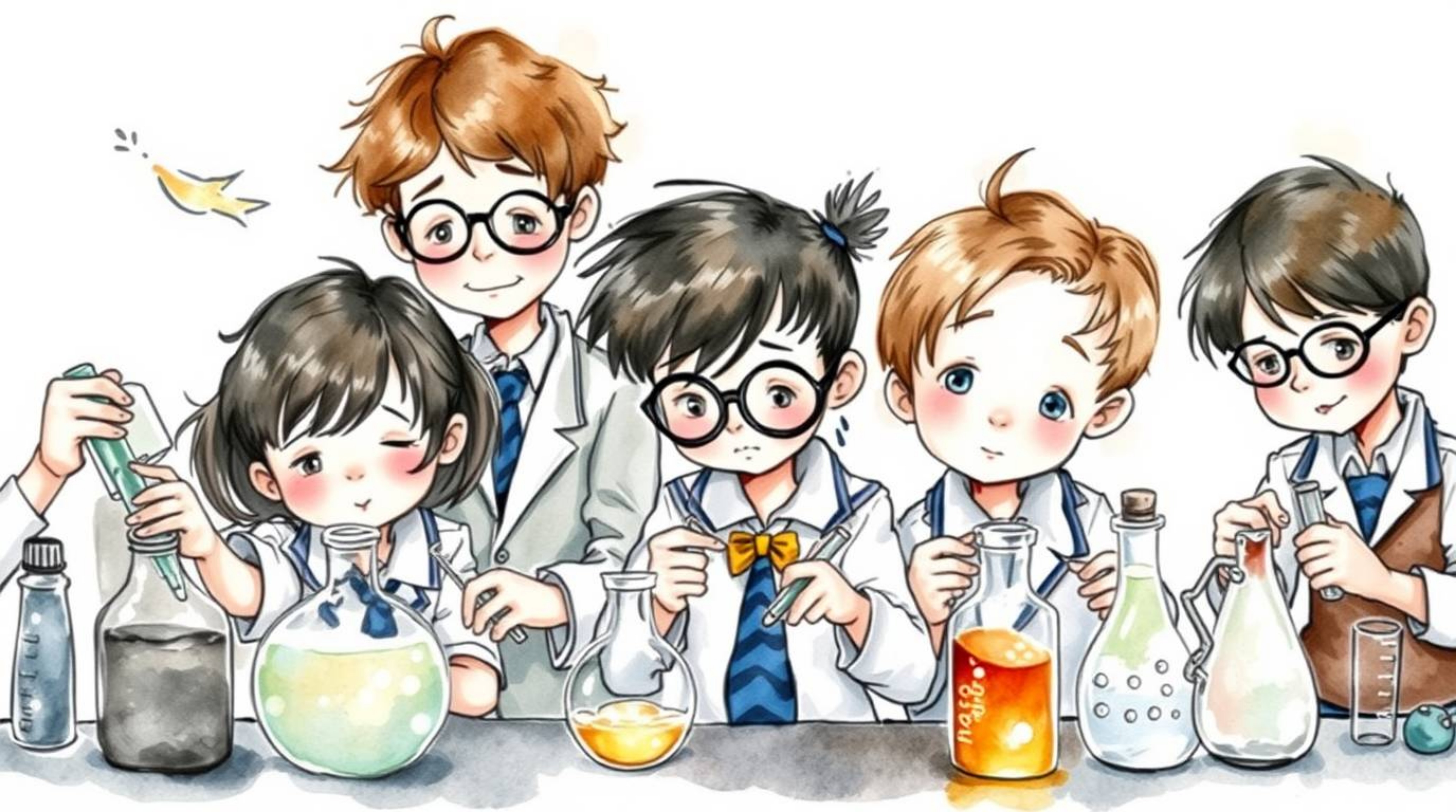 A delicate watercolor painting captures a group of quirky kids in their school uniforms, fully engrossed in conducting scienc