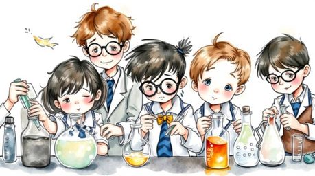 A delicate watercolor painting captures a group of quirky kids in their school uniforms, fully engrossed in conducting scienc
