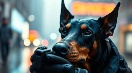 A sleek Doberman Pinscher detective, with keen eyes and black fur, utilizes high-tech gadgets in a dramatic, film-like scene 