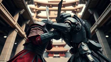 This captivating image portrays a tense close-up of a samurai and robot engaged in fierce combat within a dystopian setting. 