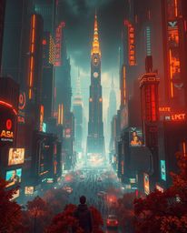 A breathtaking image depicts a grand, futuristic city rendered in a captivating glitch effect, bathed in the warm hues of aut