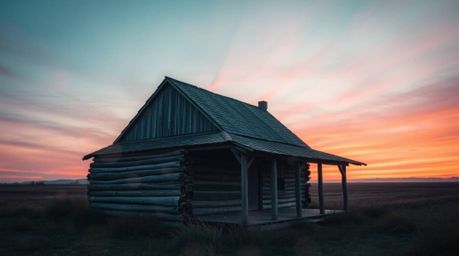 An old wooden cabin bathed in the soft glow of a sunset, depicted in a dreamy pastel art style.  Artistic light painting tech