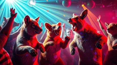 A captivating depiction of an animal dance party explodes with vibrant energy.  Disco lights illuminate the scene, creating a