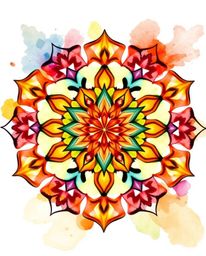 A stunning watercolor painting showcases a delicate geometric floral mandala.  The vibrant autumnal colors and symmetrical de