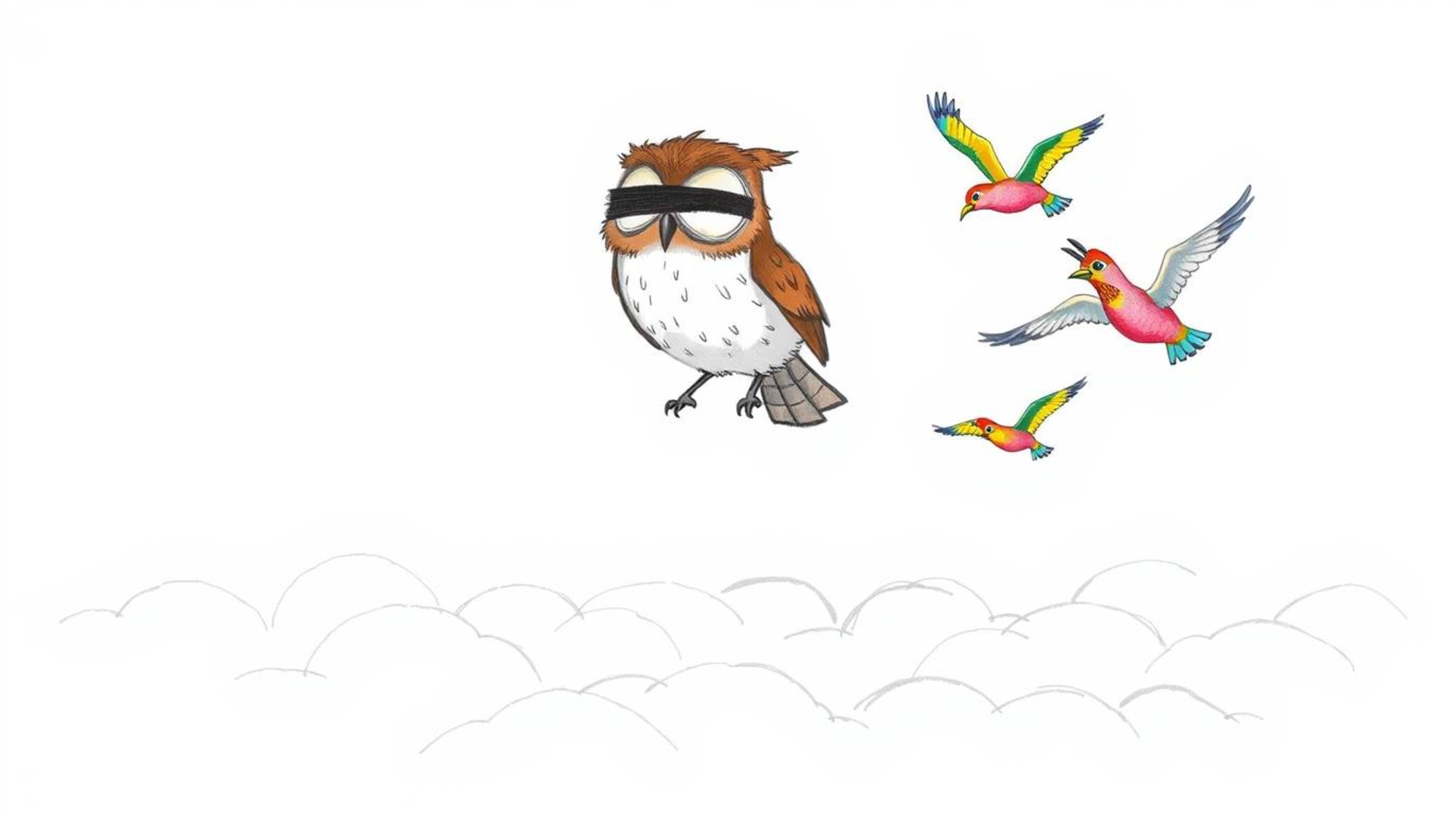 A Pixar-style hand-drawn sketch depicts a wise-looking, blind owl with brown feathers guiding a flock of brightly colored bir
