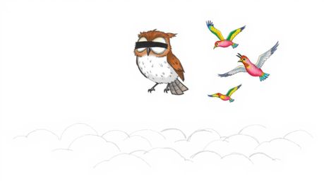 A Pixar-style hand-drawn sketch depicts a wise-looking, blind owl with brown feathers guiding a flock of brightly colored bir