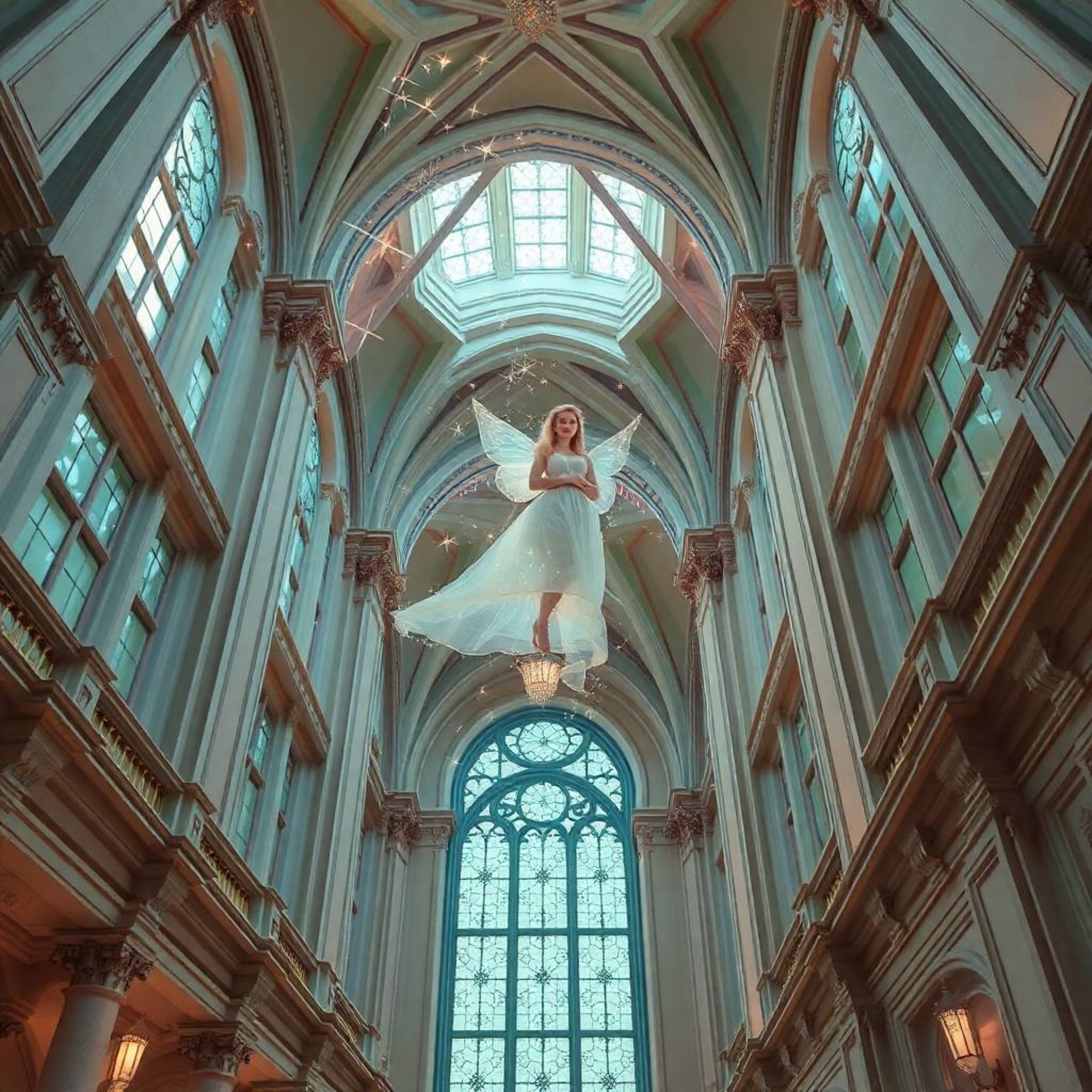 A captivating high-angle photograph showcases a gentle fairy godmother emerging from a swirl of soft pastel sparkles. The im