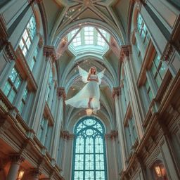 A captivating high-angle photograph showcases a gentle fairy godmother emerging from a swirl of soft pastel sparkles. The im
