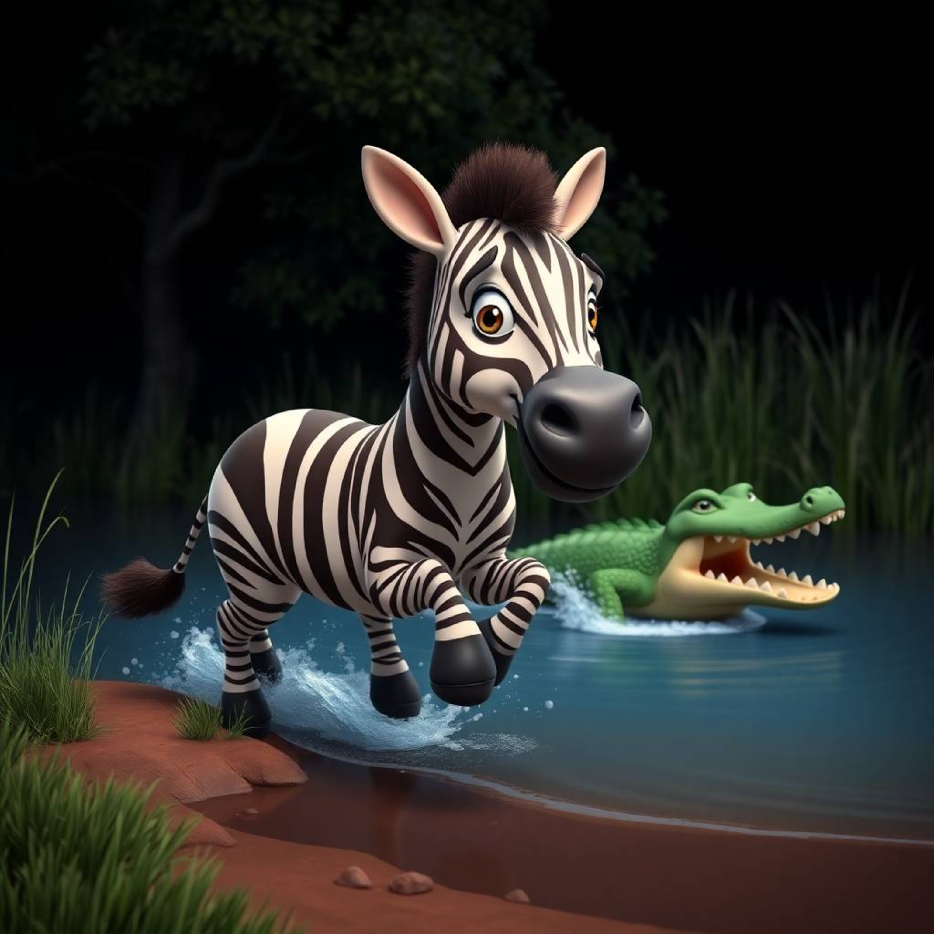 A vibrant scene featuring a 3D cartoon zebra with expressive eyes and a friendly smile leaping to a riverbank, its expression