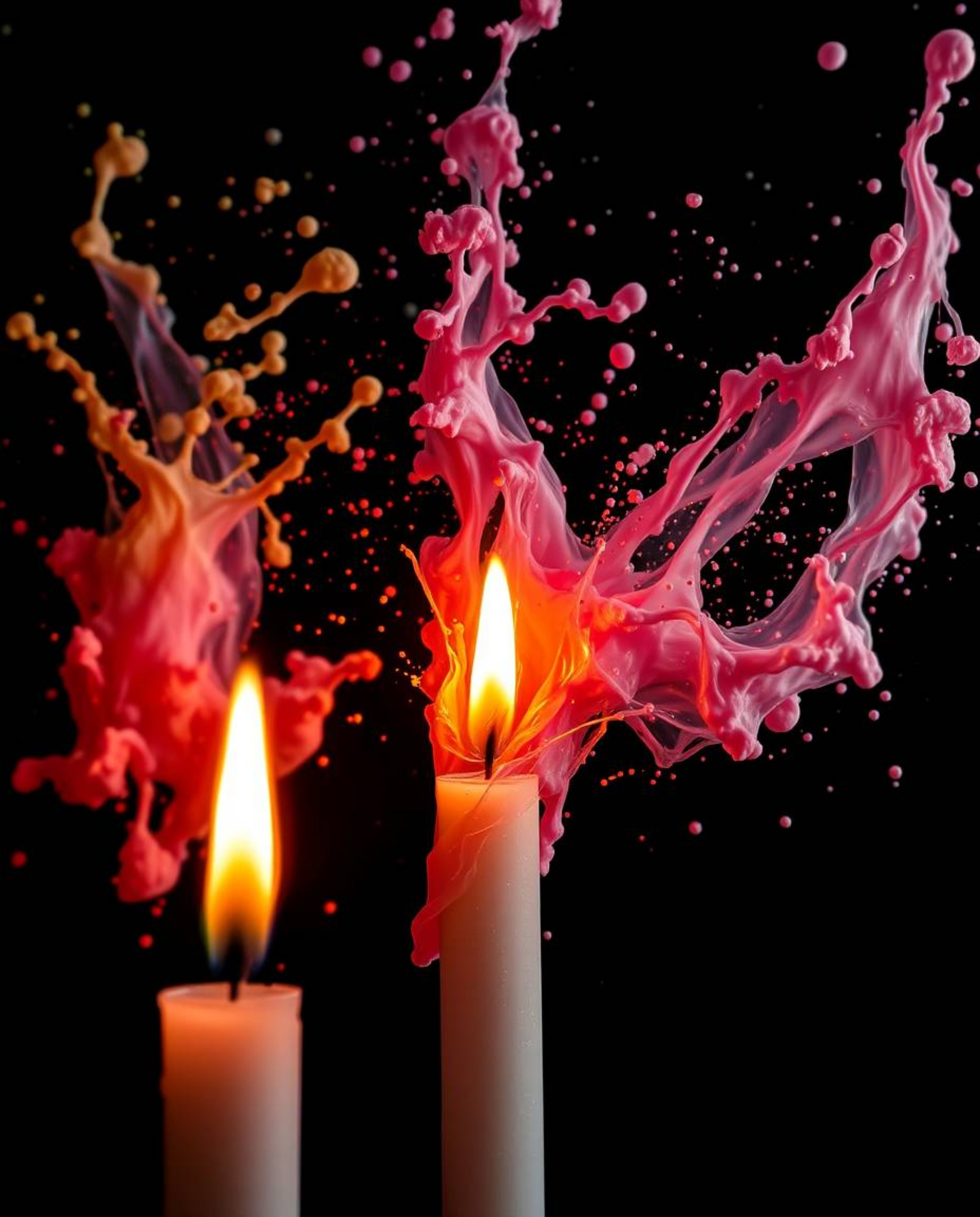 Explore a surreal and captivating photograph featuring dynamic colorful splashes against a stark black background, captured i