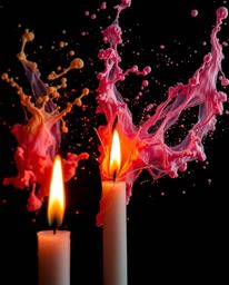 Explore a surreal and captivating photograph featuring dynamic colorful splashes against a stark black background, captured i