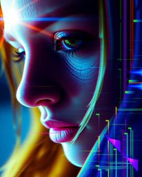 A captivating close-up digital glitch art portrait showcasing a pixelated style with vibrant colors, bright lens flares, and 