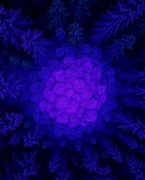 A captivating overhead shot of a forest scene, digitally enhanced with a glitch effect.  Deep ultraviolet hues and vivid purp