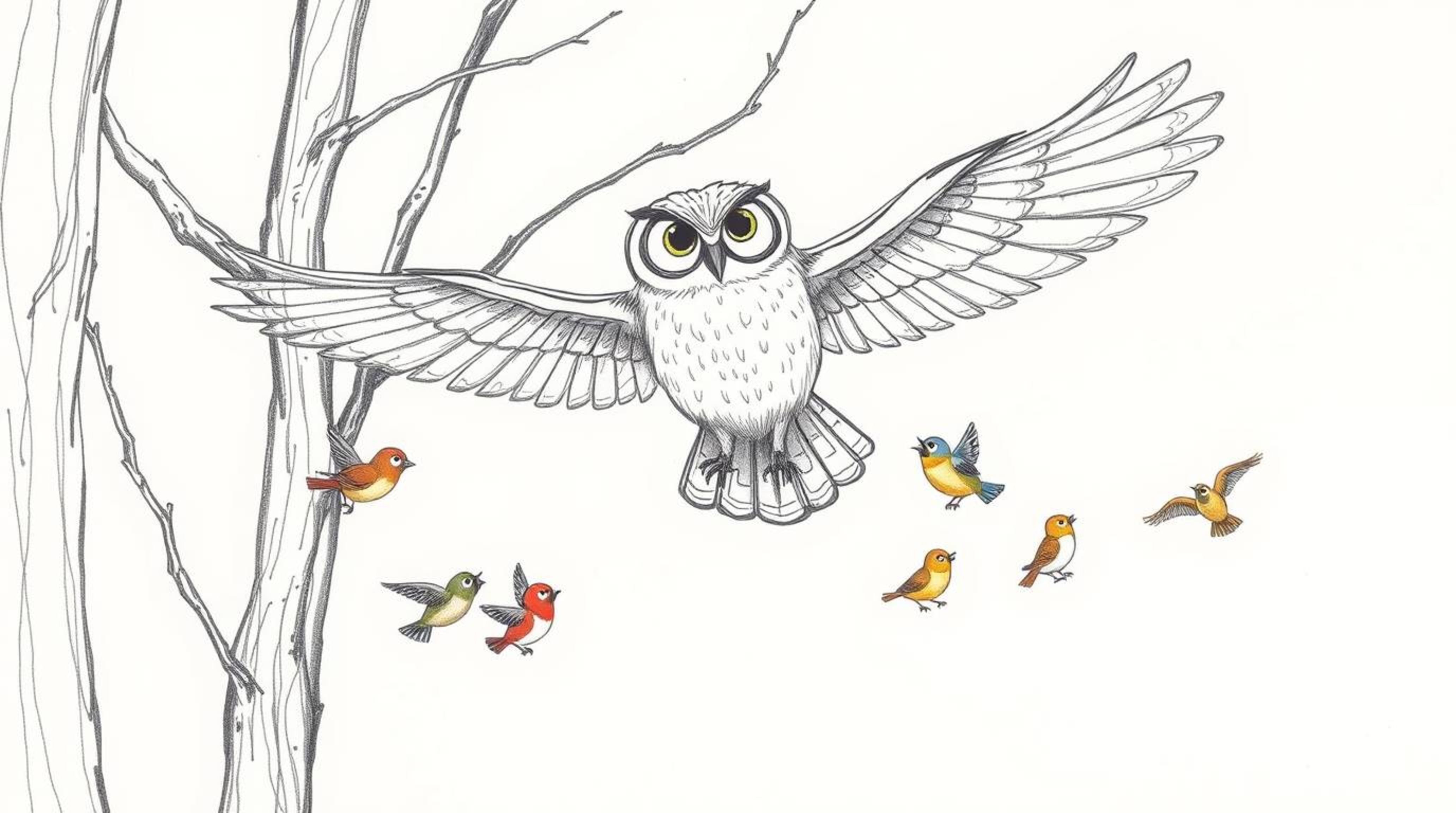 A heartwarming hand-drawn sketch depicts a wise-looking blind owl, rendered in a Pixar-inspired style, gracefully gliding bet