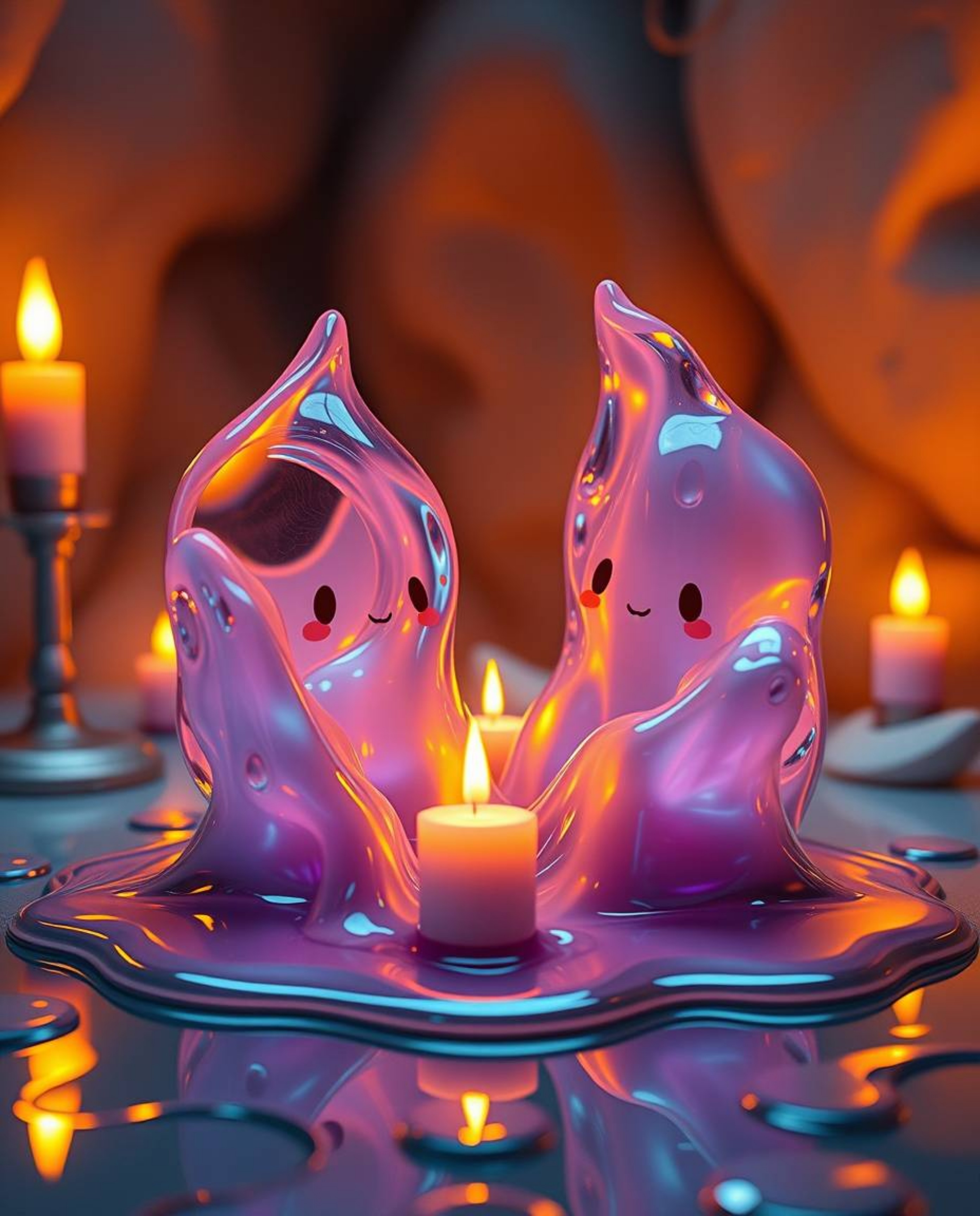 Experience a captivating blend of adorable and surreal with these 3D fluid shapes, reminiscent of melted glass within a hyper