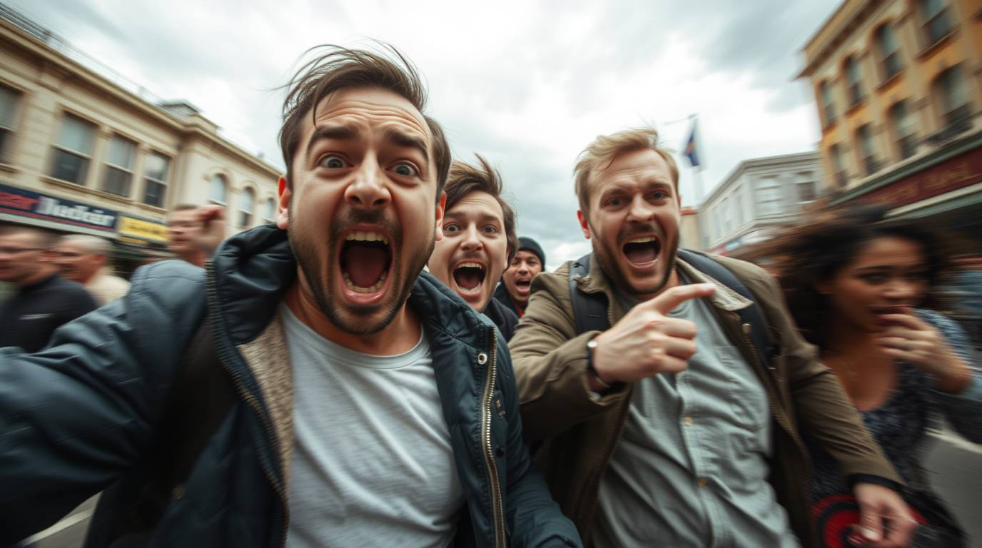 A captivating street photograph showcasing a hilarious gross-out comedy moment.  The image features exaggerated facial expres