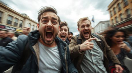 A captivating street photograph showcasing a hilarious gross-out comedy moment.  The image features exaggerated facial expres