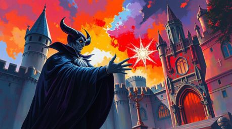 An epic scene unfolds with a classic Disney villain casting a spell in an old castle, rendered in a bold acrylic painting sty