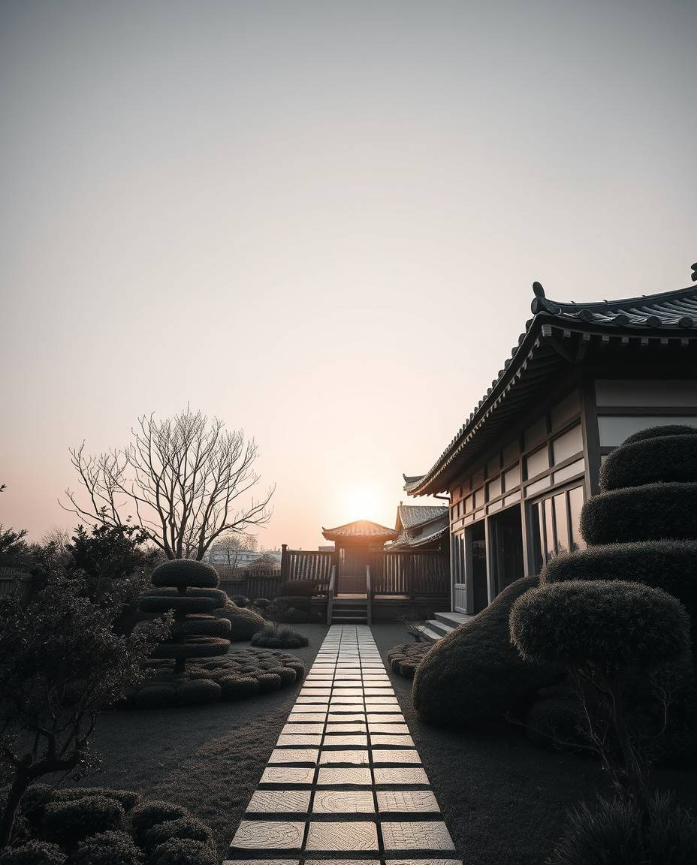 Precise architectural color photography in classic black and white depicting a sunset over a serene Zen garden with timeless 