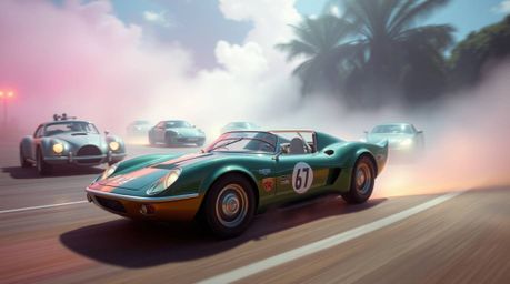 Experience a wacky racing scene infused with an ethereal, spiritual vibe. Outlandish cars navigate a dreamlike track bathed i