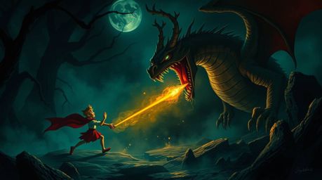 Experience a chilling yet captivating tale of a charming prince battling a dragon, rendered in the unique style of 1950s anim
