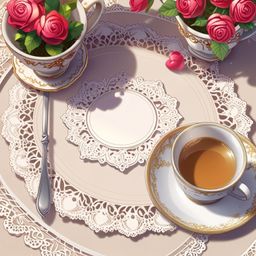 A delicate lace doily serves as a charming centerpiece, featuring an antique tea cup and saucer carefully arranged. This imag