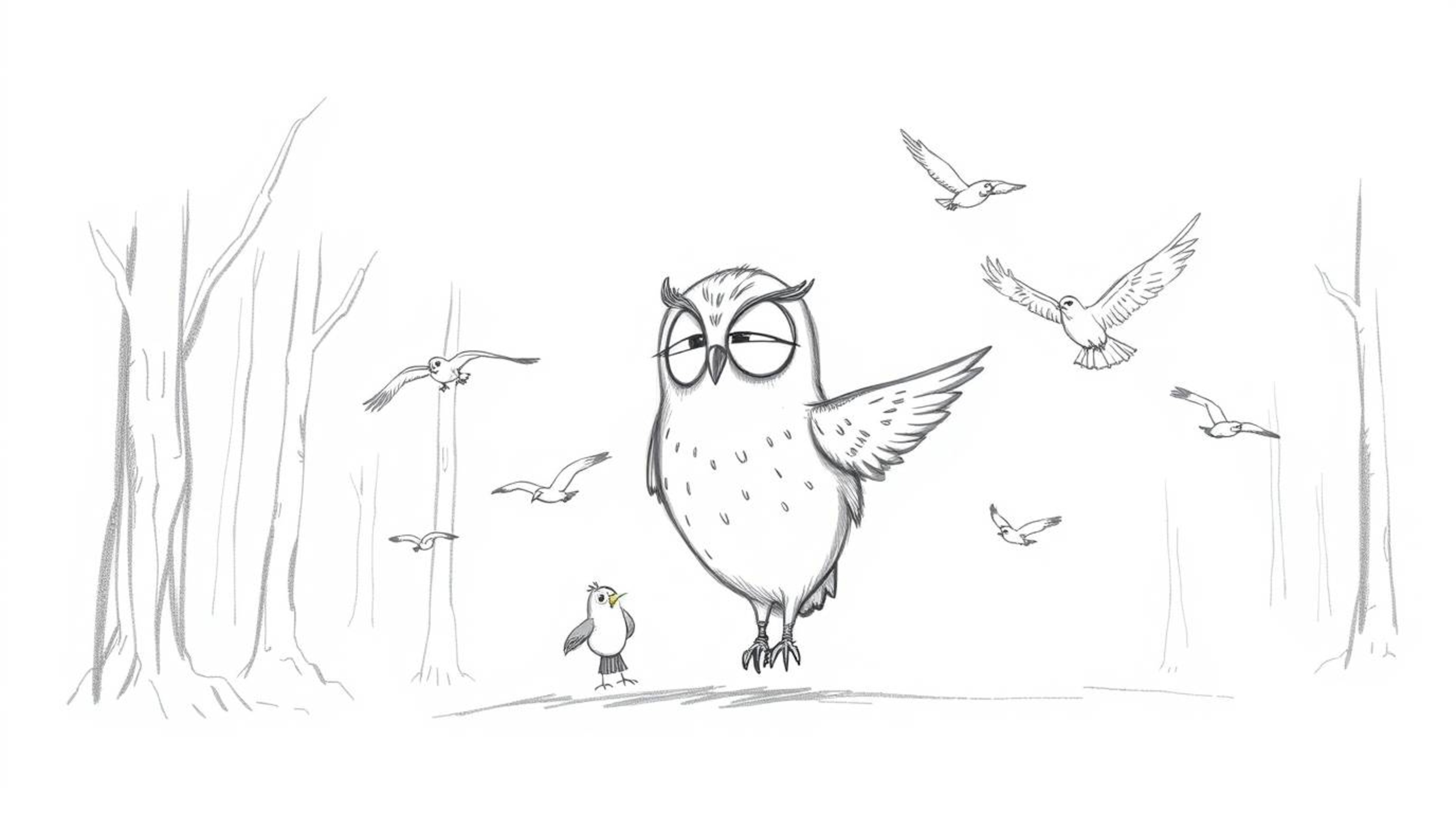 A charming hand-drawn sketch in the style of Pixar depicts a blind owl with soft features patiently guiding a flock of birds 