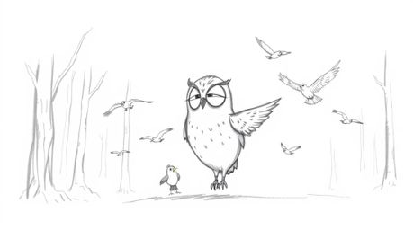 A charming hand-drawn sketch in the style of Pixar depicts a blind owl with soft features patiently guiding a flock of birds 