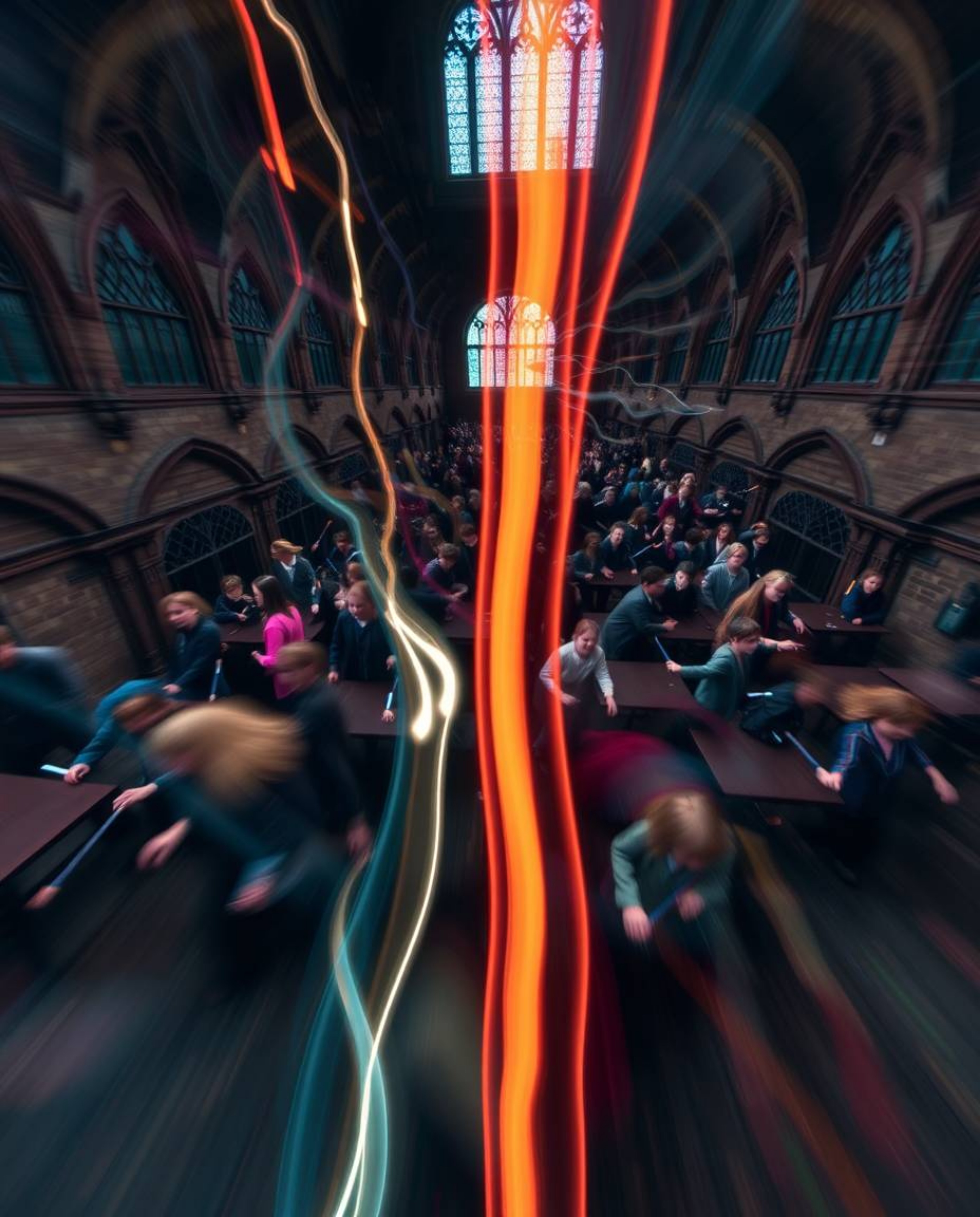 Capture the enchanting essence of a magical school brimming with young wizards through a stunning long-exposure photograph. T