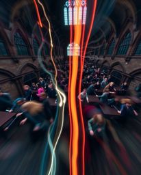 Capture the enchanting essence of a magical school brimming with young wizards through a stunning long-exposure photograph. T