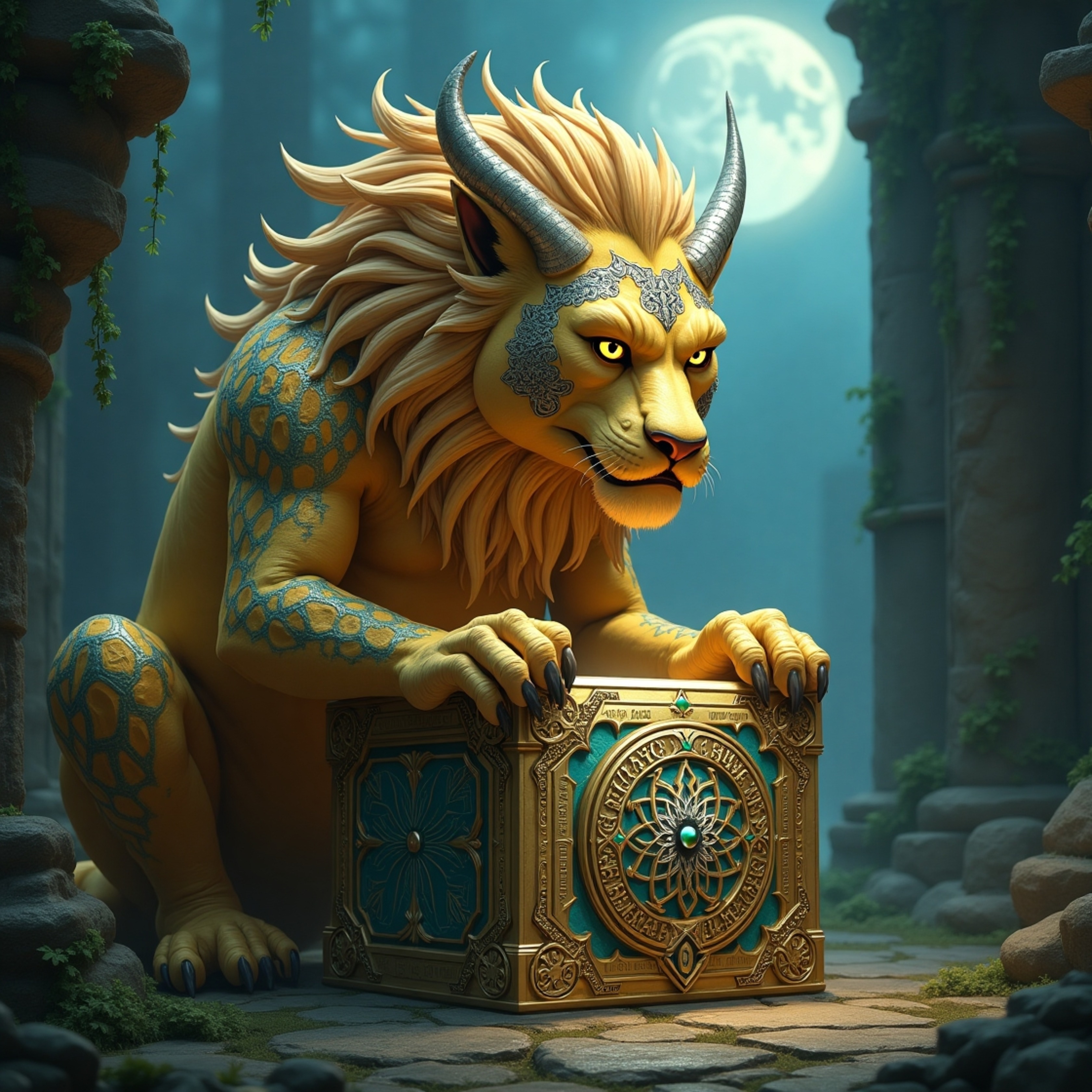 A majestic serpent-lion guardian, a mythical creature with a lion's body and serpent's head, protects a gleaming ancient reli
