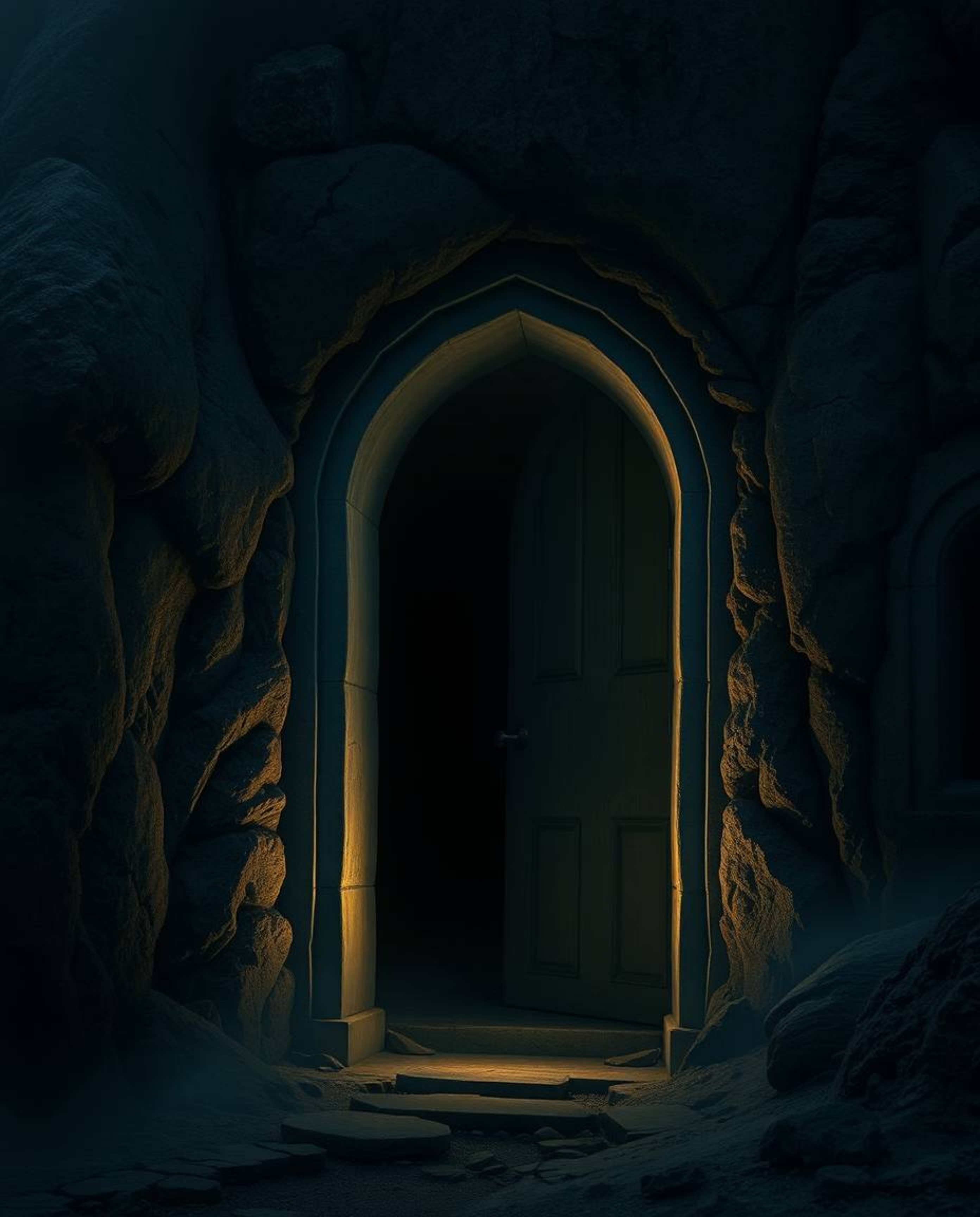An ancient doorway, etched with glowing runes, stands in the side of a mountain, creating an eerie and unsettling atmosphere.