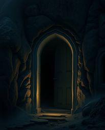 An ancient doorway, etched with glowing runes, stands in the side of a mountain, creating an eerie and unsettling atmosphere.