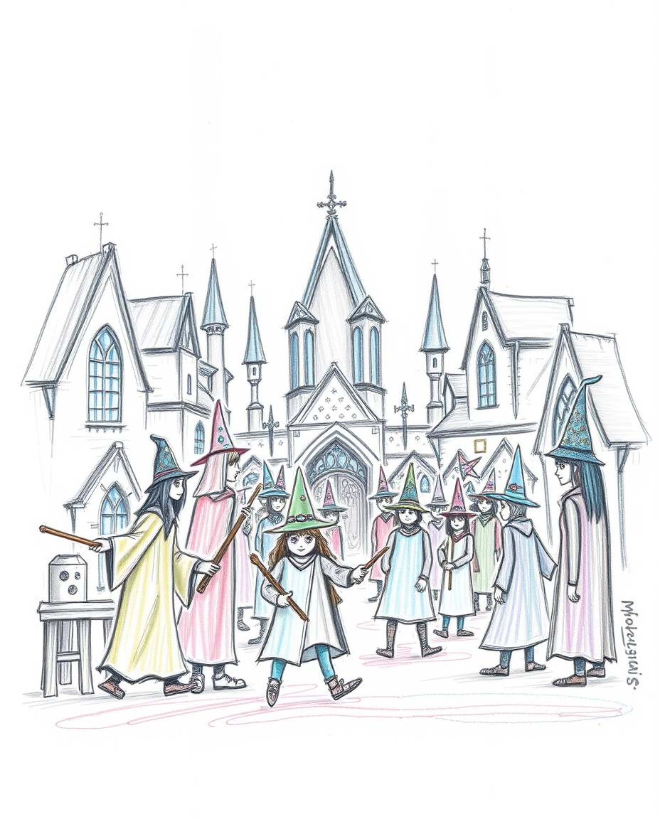 A hand-drawn sketch depicting a magical school filled with young wizards, showcasing iridescent colors and rough lines with t